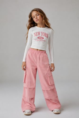 Image of Azmxynol Girls Clothes 2 Piece Outfit Ribbed T-Shirt Top + Cargo Pants, Girls Fall Clothing Set, Sizes 5-16 Years