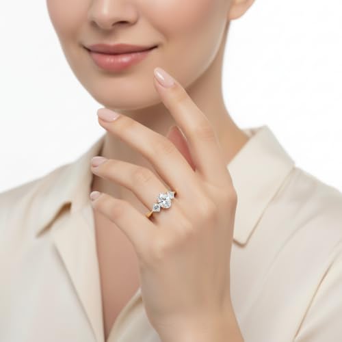 Image of Choose Your Gemstone Kite Design Diamond CZ Ring Yellow Gold Plated Oval Shape 3 Stone Engagement Rings Everyday Jewelry Wedding Jewelry Handmade Gifts for Wife US Size 4 to 12