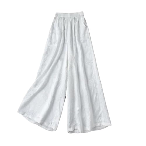 Women Printed Summer White Wide Leg Trousers Casual Comfy Long Baggy Pants with Pockets