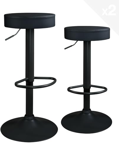 KAYELLES Lot de 2 - Tabourets Bar Noir Rond Simili Cuir sans Dossier, Hauteur réglable, Repose Pieds, pivotants 360° Pied Noir YO (Noir intégral)