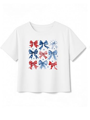 Image of VVNTY Girls American Flag Crop Tops Kids USA Crop Shirt Patriotic 4th of July Tops 5-14 Years