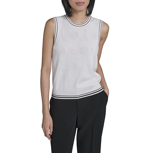 KARL LAGERFELD Paris Women's Sleeveless Delicate Sweater with Classic Karl Theme Embroidery, Soft White/Black, Medium