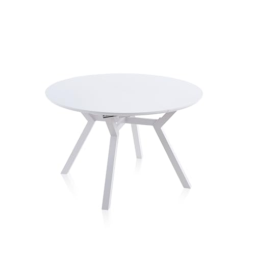 duehome 0603000020003 Aeris, Mesa de Comedor Redonda Extensible, Mesa 1 Tramo, Acabado en Blanco, Medidas: 120-160 cm (Largo) x 120 cm (Ancho) x 75 cm (Alto)