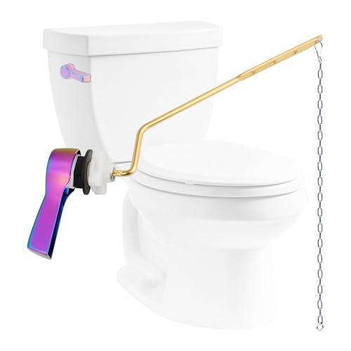 Image of Hibbent Universal Metal Side Mount Toilet Handle Replacement Kit, Rainbow | Solid Brass Toilet Flush Tank Lever with Stainless Steel Adjustable Flapper Chains, Side Tank Toilet Handle for Most Toilets