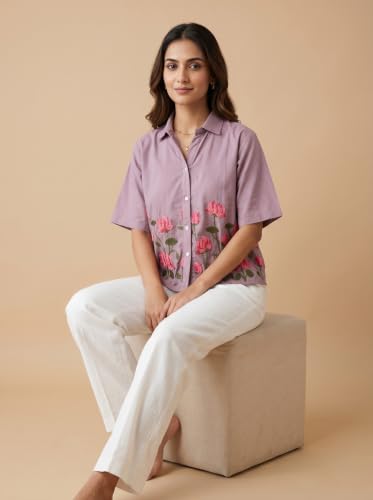 Image of Stylish Women's Embroidered Shirts | Geometric Pattern Half Sleeve Collared Button-Up Casual Shirt for Women