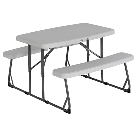 Peakform 37.8 Inch Rectangular Folding Picnic Table, Multipurpose Indoor Outdoor Durable Furniture with Double Bench Seating, White/Black Cover