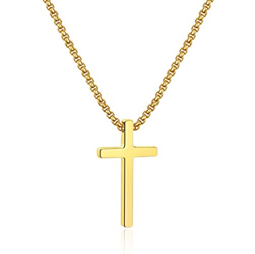 Ursteel Cross Necklace for Men, Silver Black Gold Stainless Steel Cross Pendant Necklace for Men, 16-30 Inches Box Chain, Metal