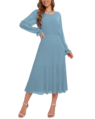 Image of CYiNu Women's Midi Dresses Long Sleeve Crew Neck Flowy Casual Floral Boho Tiered Chiffon Smocked Elegant Dress