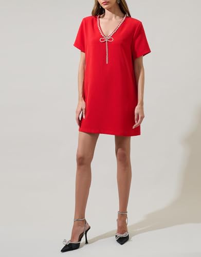 Image of YEXPINE Women's V Neck Shift Mini Dress Short Sleeve Bow Glitter Rhinetone Dress Sexy Party Cocktail Short Dress