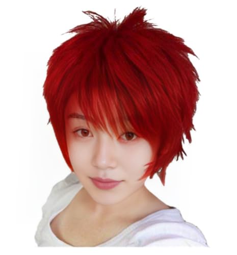 Red Layered Cosplay Wig, Short Length Synthetic Hair, Side-Swept Bangs, Heat Resistant Fiber for Costume and Fashion