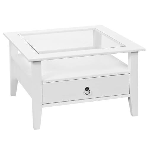 AltoBuy Natur - Table Basse Carrée Bois Massif Vernis Blanc et Verre