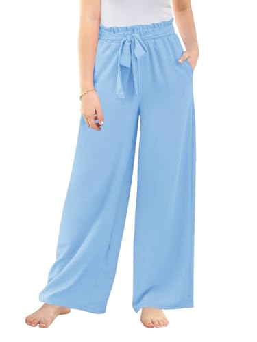 Image of Haloumoning Girls Wide Leg Pants High Elastic Smocked Waist Casual Flowy Cute Long Trousers