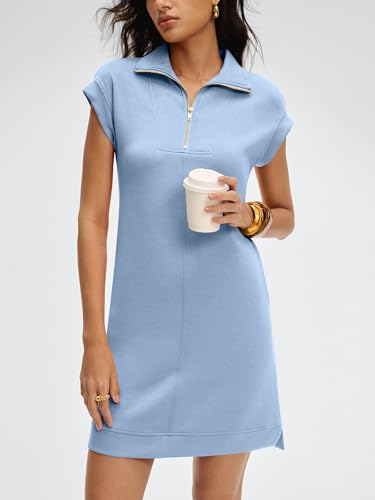 Image of ANRABESS Womens Summer Casual Half Zip Cap Sleeve Trendy Wrinkle-Free Tshirt Dress 2026 Spring Beach Vacation Short Dresses