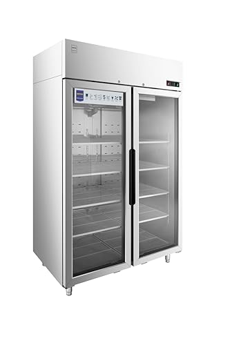 METRO Professional Frigorífico de Doble Puerta de Cristal GRE1400G, 940 L, con Cerradura, 131.4x80.5x209 cm, 10 Estantes, Plata