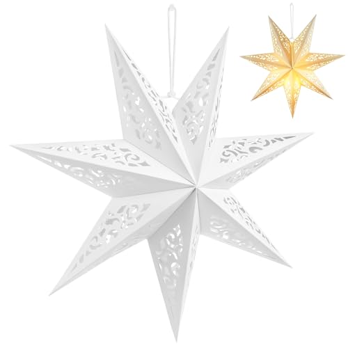 Ipetboom Christmas Paper Star Lantern Lampshade - 45cm 3D Hanging Hollow Out Paper Light Star Lamp Shade Light Cover for Wedding Party Xmas Decoration - White