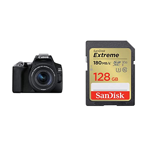 Canon EOS 200D II 24.1MP Digital SLR Camera + EF-S 18-55mm f4 is STM Lens (Black) & SanDisk Extreme SD UHS I 128GB Card for 4K Video for DSLR and Mirrorless Cameras 180MB/s Read & 90MB/s Write