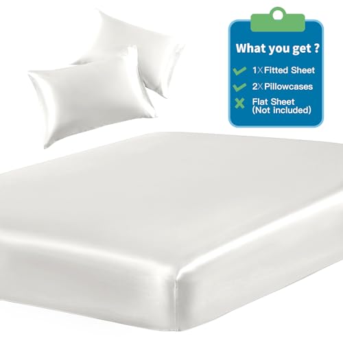 Image of SiinvdaBZX 3-Piece Set Satin Full Fitted Sheet & 2 Pillowcase, Ivory White Silky Soft Fitted Bottom Sheet, Wrinkle Free, Fade Resistant, Deep Pocket Bed Sheet (Deep Up to 15 inch)