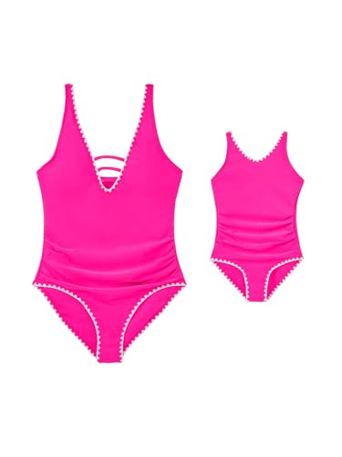 IFFEI Mommy and Me Swimsuits V Neck Color Block Tummy Control One Piece Bathing Suit Family Matching Swimwear Beachwear Hot Pink Girl: 3-4 Years