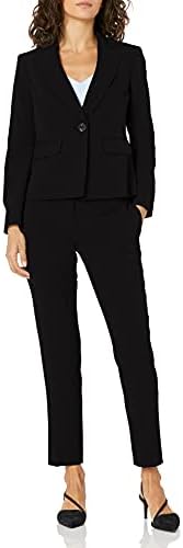 Le Suit Women's Petite 1 Button Notch Collar Stretch Crepe Slim Pant Suit, Black, 10P