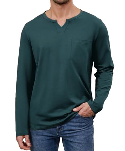 Men's Casual Cotton V Neck Long Sleeve T-Shirts Solid Fall Pullover Basic Tee Tops with Pocket with Pocket