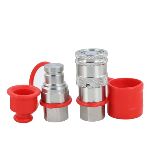 Image of 3 /8 inch Skid Steer Flat Face Hydraulic Quick Connect Couplers With Dust Covers - Compatible With Parker FE Series | Safeway FFE49 Series | Faster FFH Series