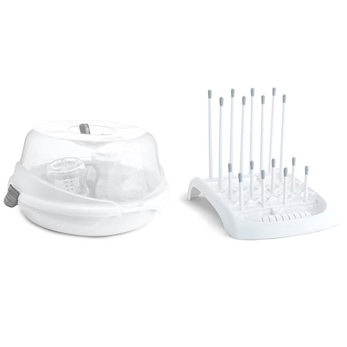 Image of Munchkin® Steam™ Microwave Bottle Sterilizer, White & Fold™ Baby Bottle Countertop Drying Rack, White