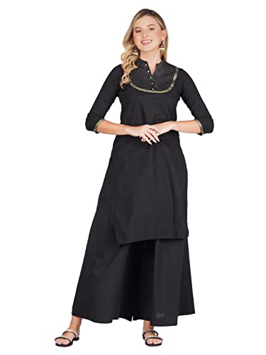 Image of fabcoast Loose Fit Palazzo Pants for Women A-Line Flared Wide Leg Summer Ethnic wear Pure Cotton Cambric with Full Elastic Waistband and 2 Side Pockets
