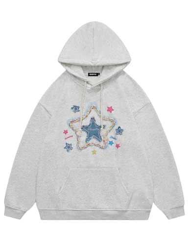 Vamtac Star Graphic Fleece Hoodie Vintage Denim Applique Embroidery Oversize Heavyweight Pullover 2025 Outfits