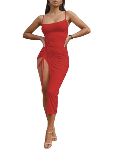 Image of Nimsruc Womens Sexy Summer Dresses Spaghetti Strap Thigh-high Slit Ruched Bodycon Maxi Club Cocktail Party Dress