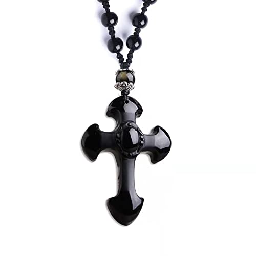 Black Obsidian Cross Necklace, Natural Obsidian Cross Healing Crystal Energy Stone Protection Amulet Charm Pendant Necklace for Women Men Couples Pendant Necklace with Adjustable Bead Chain