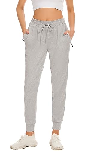 BATHRINS Joggers for Women UK Lightweight Sweatpants Womens Drawstring with Zipped Pockets Ladies Joggers Bottoms for Yoga Casual and Sports（Light Grey,L）