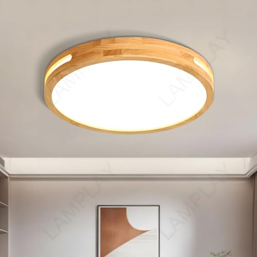 Plafonnier en bois rond LED 18W lumière neutre 4500K luminaire de plafond salon