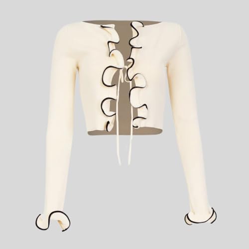 Women Elegant Tie Front Ruffle Knit Crop Cardigan Long Sleeve Open Front Contrast Trim Crop Cardigan Sweater4