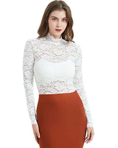 Women Floral Summer Lace Top Eyelash Trim Sexy Long Sleeves Plus Size Casual Dressy Shirt with Camisole Two Piece