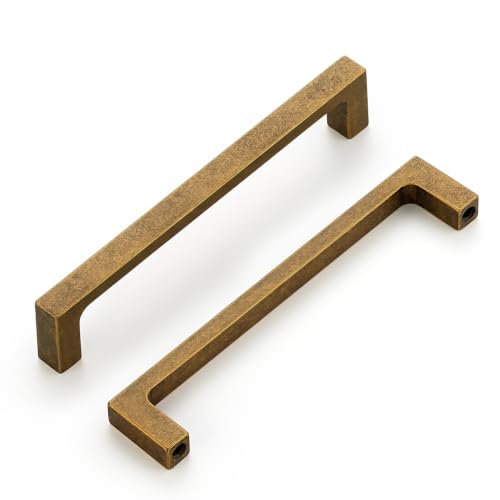 Image of Ravinte Antique Brass Kitchen Cabinet Solid Handles,5 Inch,10 Pack | Solid Zinc Alloy, Modern Slim Style, Square Design, Deep-Thread Firm Base, Screws Included, for Kitchen Drawers & Cupboards