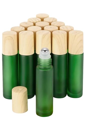 Ellbest 16pack 10ml Essential Oil Glass Bottle Glass Roller Bottles with Stainless Steel Roller Balls Reusable Refillable Bottle(Green Frosted)