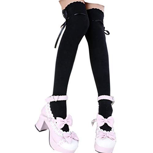 Women's Thigh High Socks Lolita Gothic Over Knee Stocking Lace Up Thigh Stockings PTK12 (Black)