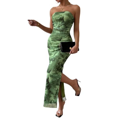Image of LIGHT DOT Women's Summer Dress Printed Strapless Tube Bodycon Maxi Side Slit Mesh Layered