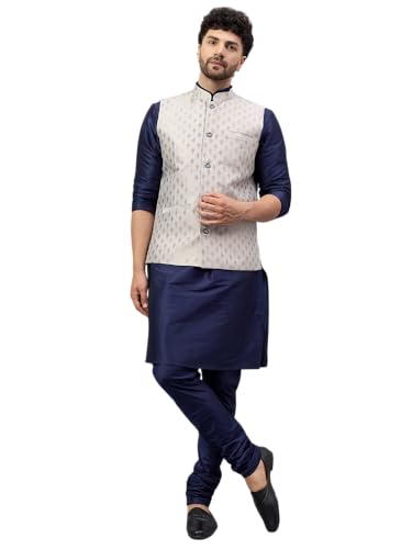 Image of LATEST CHIKAN Men's Silk Blend Kurta Pyjama Set with Jacquard Nehru Jacket - Festive&Wedding-Wear
