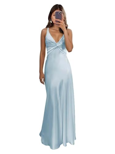 humoral Light Blue Prom Dresses 2026 Silk Spaghetti Strap Bridesmaid Dresses Split V-Neck Satin...