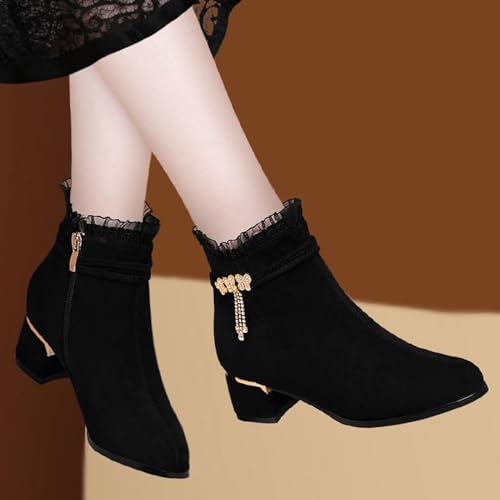 Elegant Lace Low Chunky Heeled Ankle Boots For Women Ladies Block Heel Short Booties Side Zipper Round Toe Shoes3