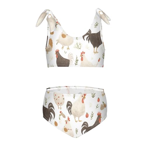 Chicken Black and White Girl 2 Piece Kids Bikini Set Scoop Neck Swimsuits Swimwear Cute Shoulder Strap