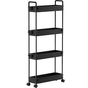 SOLEJAZZ Slim Storage Cart, 4 Tier Bathroom Organizer Mobile Shelving Unit, Rolling Utility Cart Slide Out Organizer for…