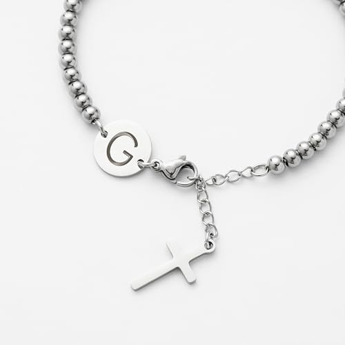 Image of Initial Cross Silvery Bracelets for Women Trendy, Initials Cross Charm Beaded Bracelet, Christian Gifts for Women, Baptism Confirmation Christmas Inspirational Gifts for Mom Daughter Friend Sister