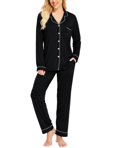 Image of SWOMOG Long Sleeve Pyjama Sets for Women 2 Pieces Sleepwear Button Down Nightwear Sets Classic Shirt Pajamas for Women UK Loungewear Black