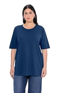 Ulla Popken Damen T-Shirt, Rundhalsausschnitt, Relaxed, Halbarm, Dunkelblau, 50-52 EU