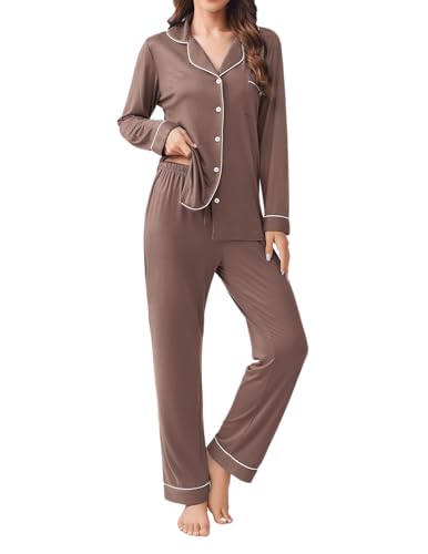 Ekouaer Womens Pajamas Set 2 Piece Button Down Sleepwear Soft Long Sleeve Top and Pants Pjs Lounge Sets Brown S