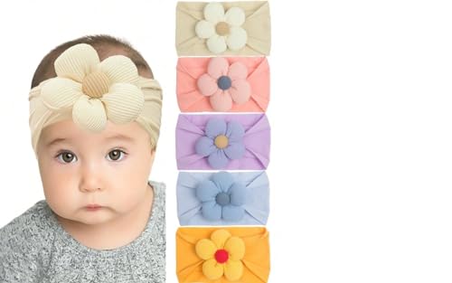 Image of BAKEFY - 6 Kids Soft Elastic Hairband Large Flower Baby Headband Infant Hair Accessories Baby Headband Turban Knotted Hair Band For Girls For Newborn, Multicolor