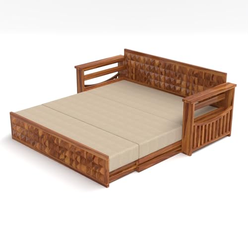 Image of Kunjal Furniture Solid Sheesham Wood Sofa Cum Bed with Storage for Living Room | Natural Finish | 3-Seater Convertible Sofa Bed | Handmade Wooden Furniture (Natural, Diamond)