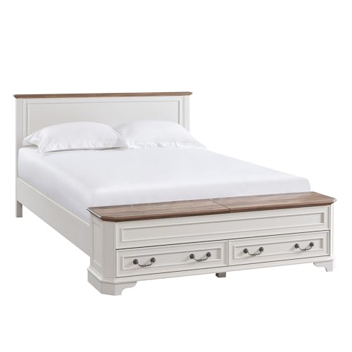 T4TREAM Farmhouse Queen Bed with Headboard and Storage Bench, Rustic Wood Platform Bed with 64" Storage Chest w/ 4 Large Drawer (Antique White)
